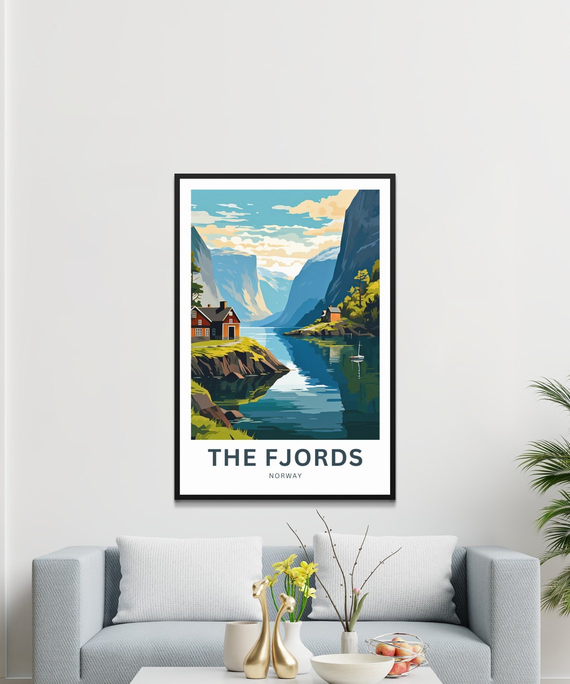 Personalized The Fjords Norway Red Cabins Sailboat Travel Gift Poster - Image 2