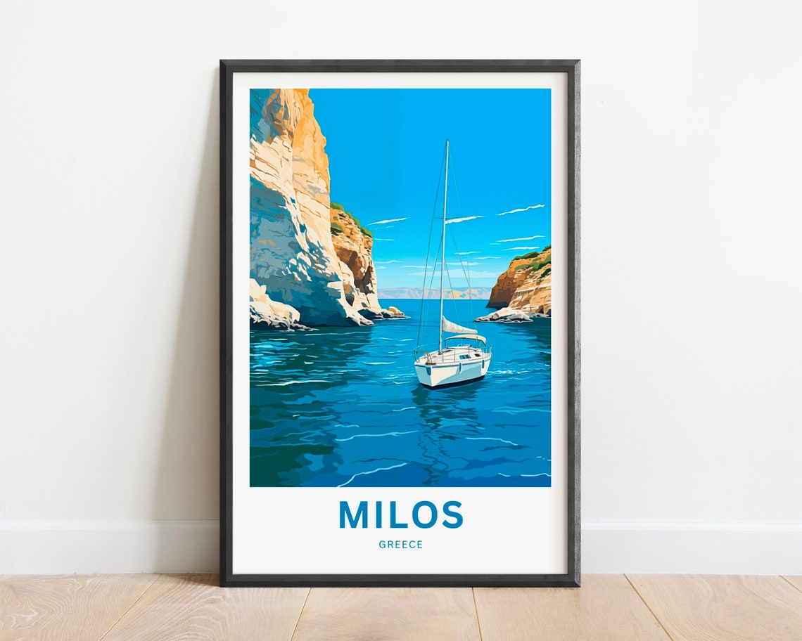 Milos Greece White Cliffs Sailboat Clear Blue Sea Travel Poster