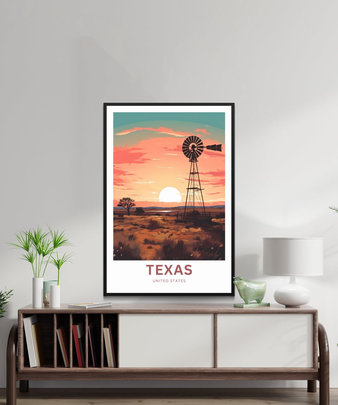 Texas Windmill Silhouette At Fiery Sunset Desert Sky Travel Poster - Image 2