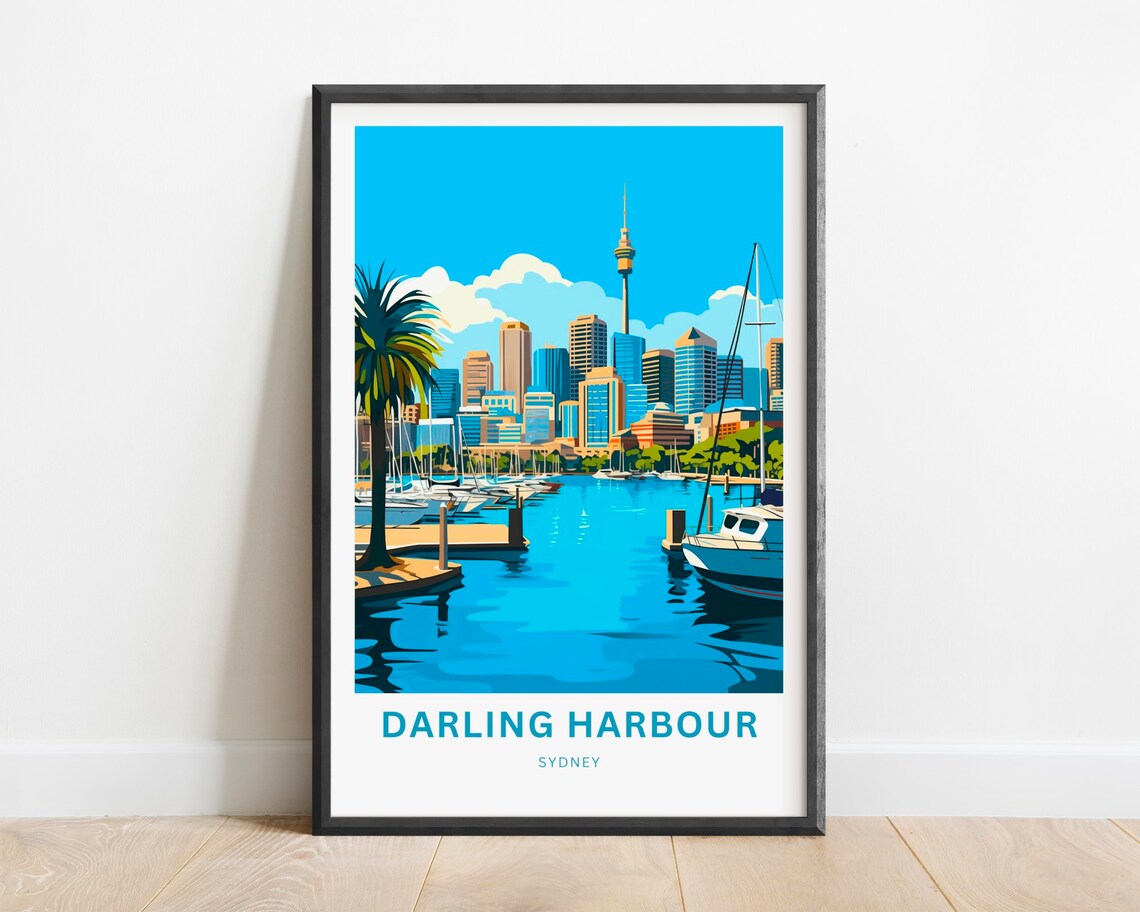 Darling Harbour Sydney Tower Skyline Marina Vintage Travel Poster