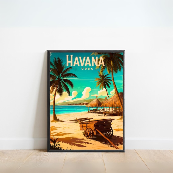 Havana Cuba Vintage Travel Beach Cart Palms Retro Wall Poster