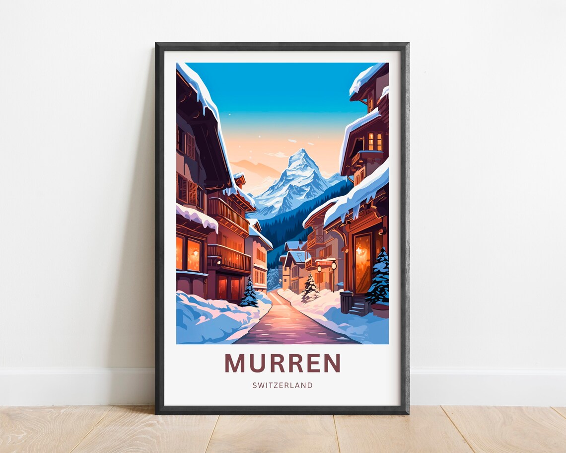 Murren Switzerland Dusk Snow Village Glowing Lights Travel Poster