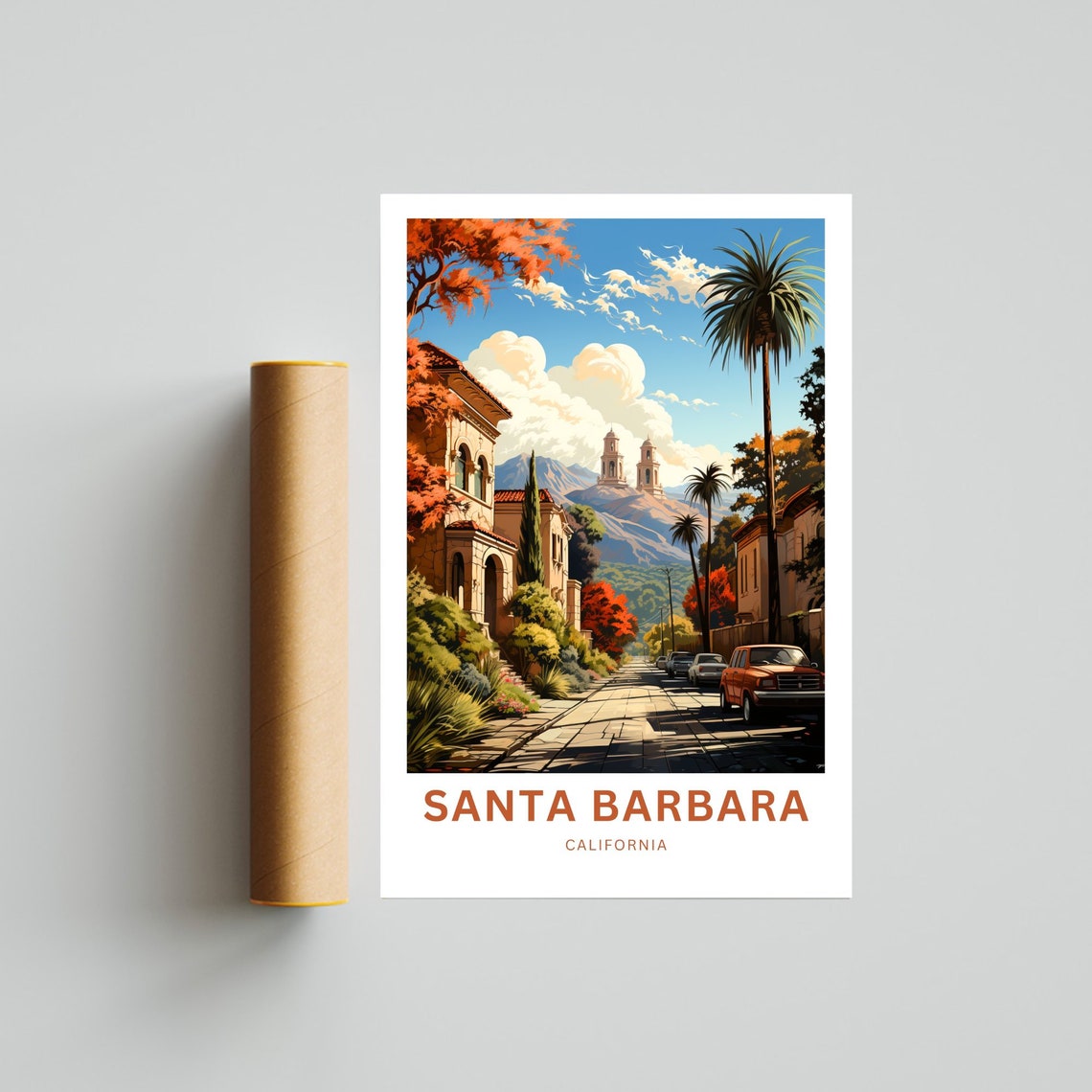 Santa Barbara California Mission Street Palms Mountain Poster - Image 4