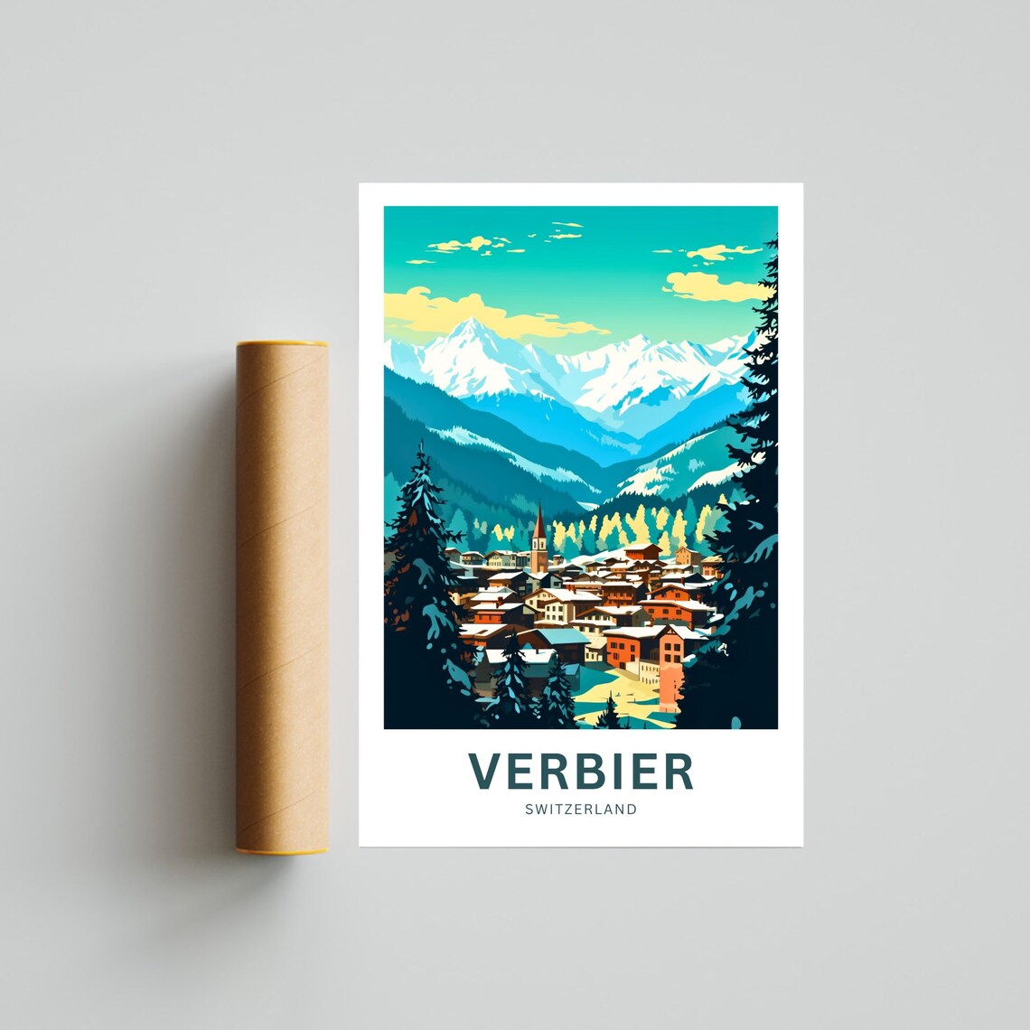 Verbier Switzerland Colorful Alpine Village Custom Text Poster - Image 4