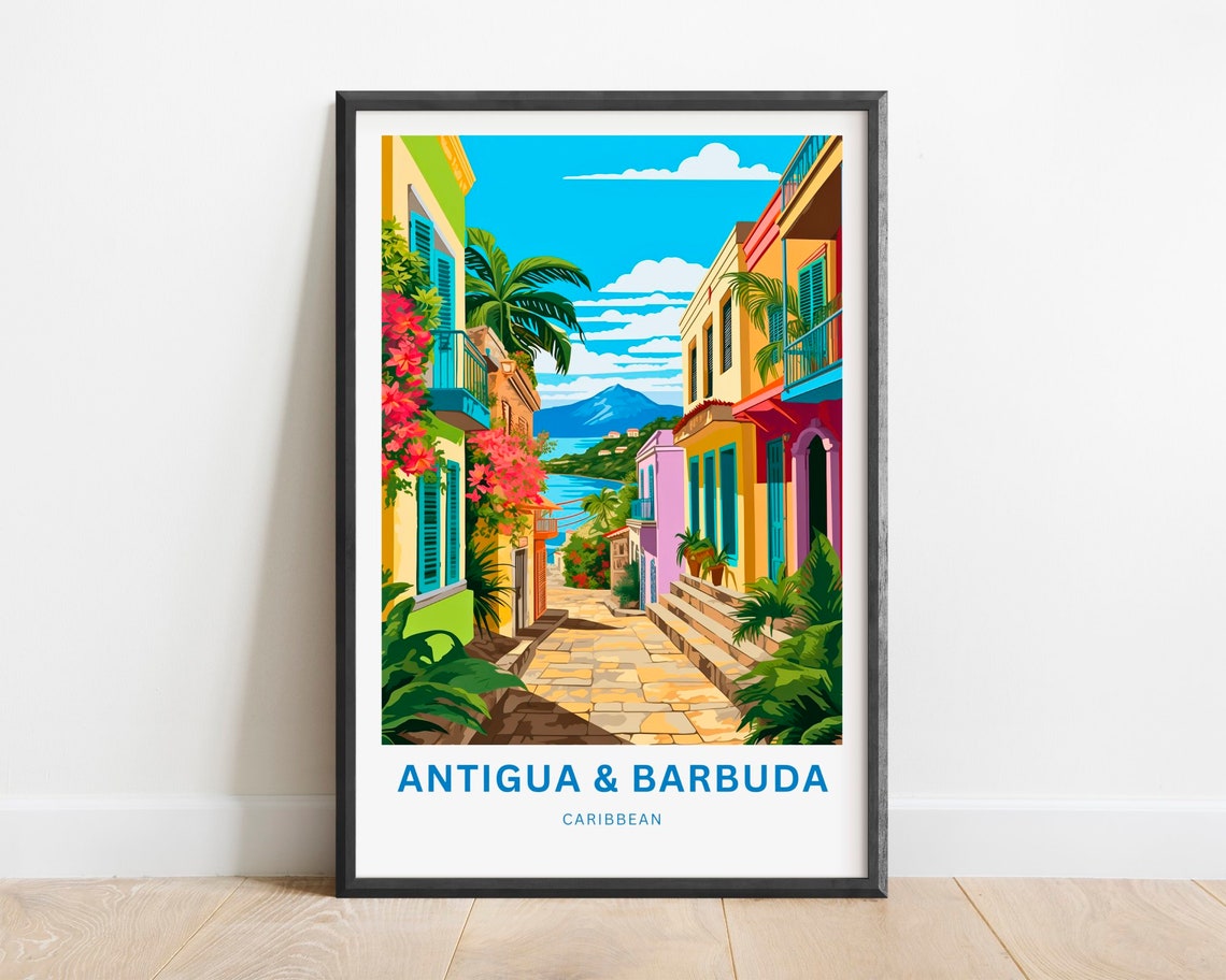 Antigua & Barbuda Caribbean Sunlit Old Street Illustration Poster