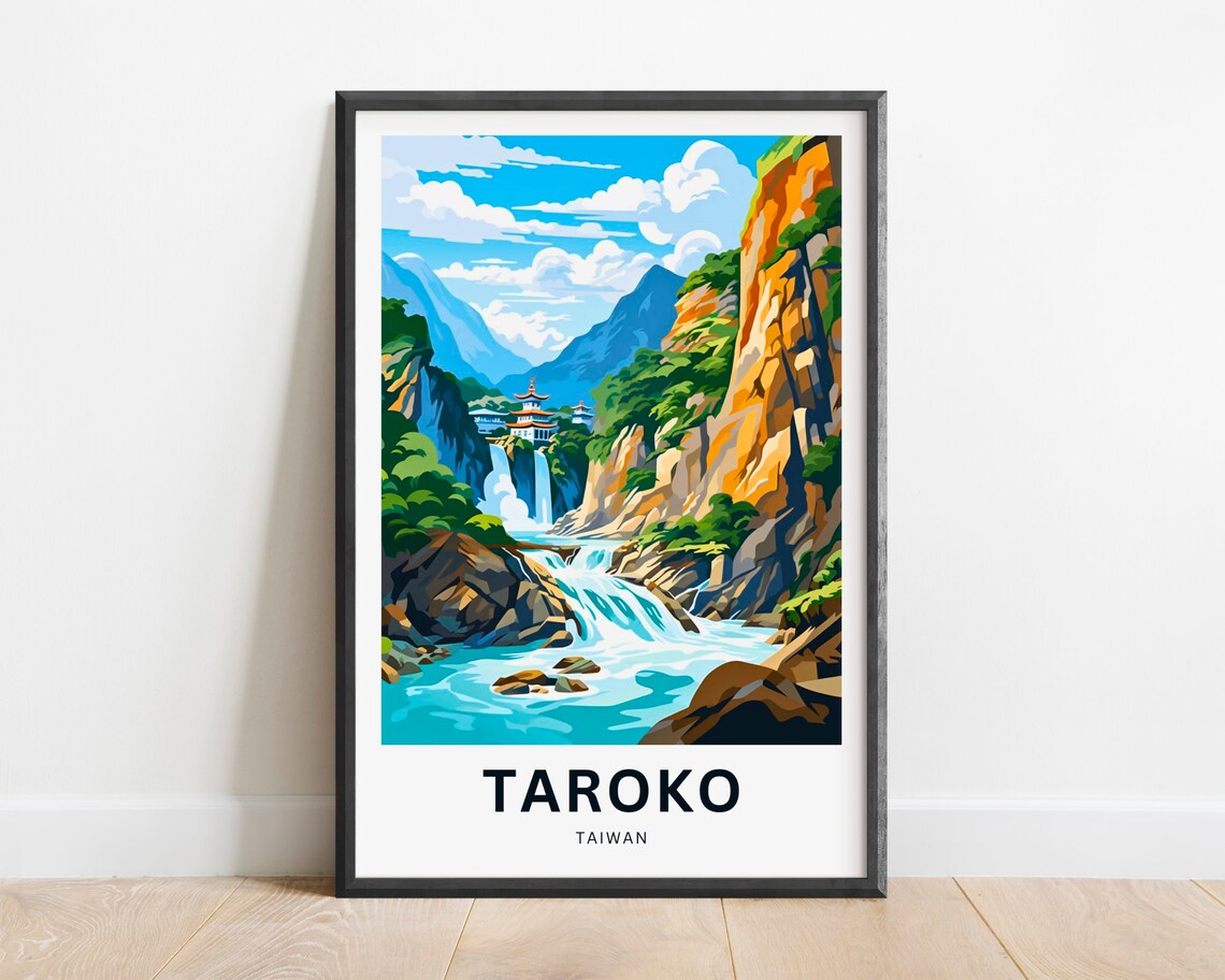 Taroko Taiwan Dramatic Marble Gorge Waterfalls Temple Travel Poster