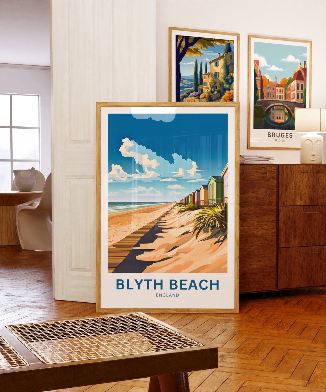 Blyth Beach England Boardwalk Dunes Beach Huts Coastal Scene Poster - Image 5