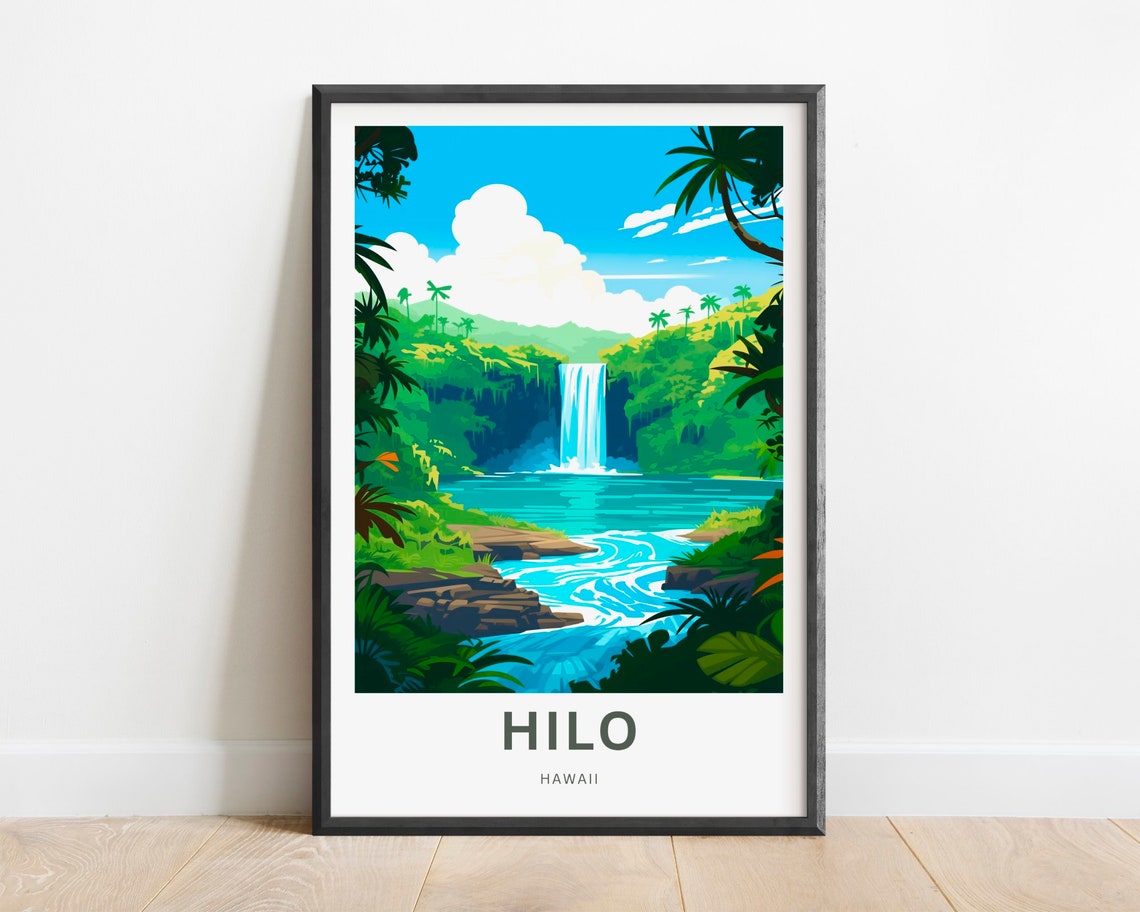 Hilo Hawaii Tropical Waterfall Palm Trees Vintage Travel Poster