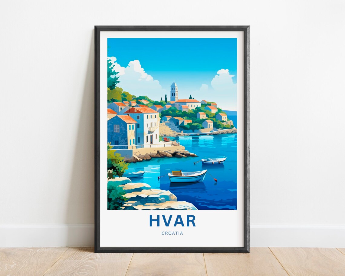 Hvar Croatia Fishing Village Boats Harbor Church Travel Poster