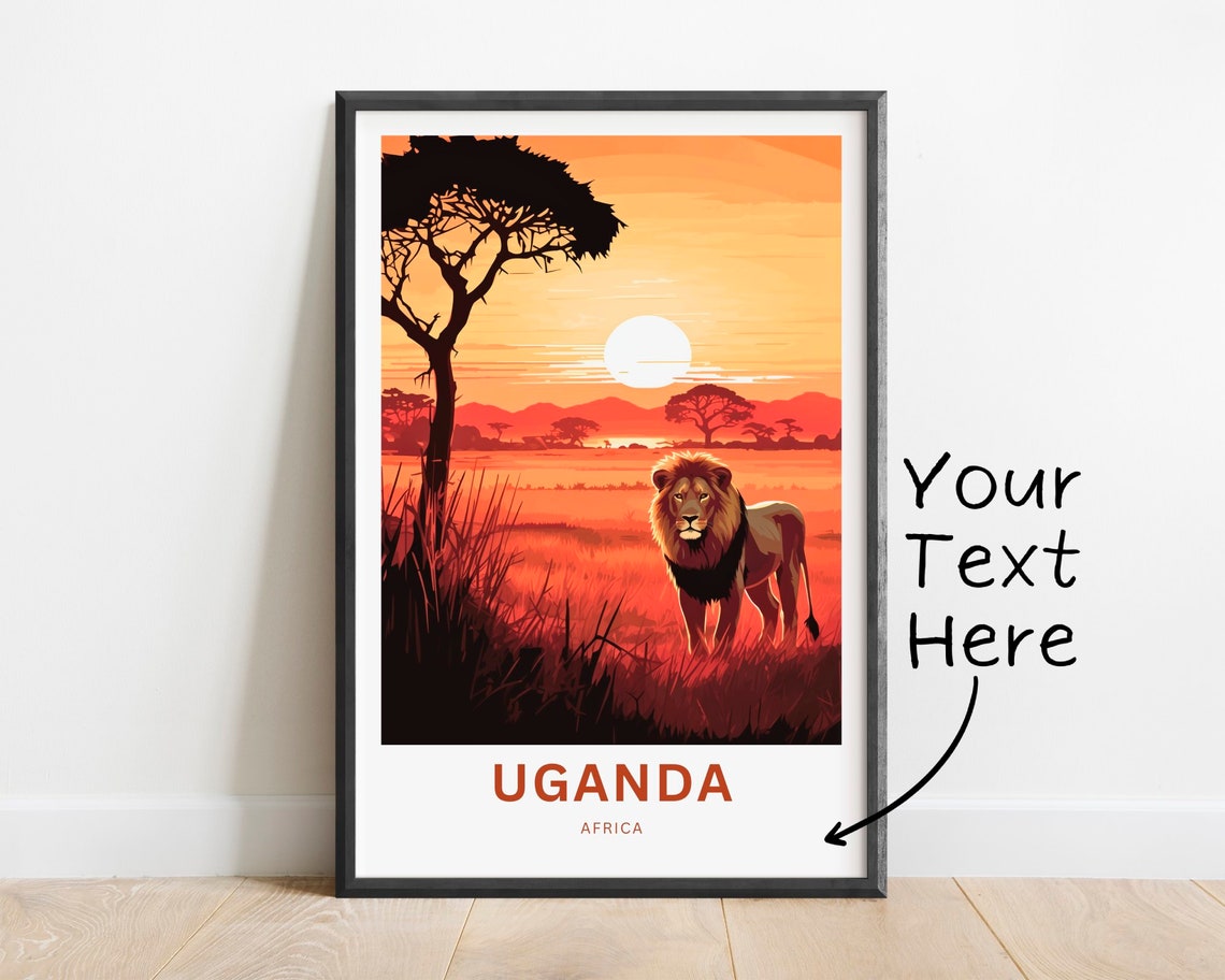 Uganda Africa Lion Savanna Sunset Custom Text Scenic Travel Poster