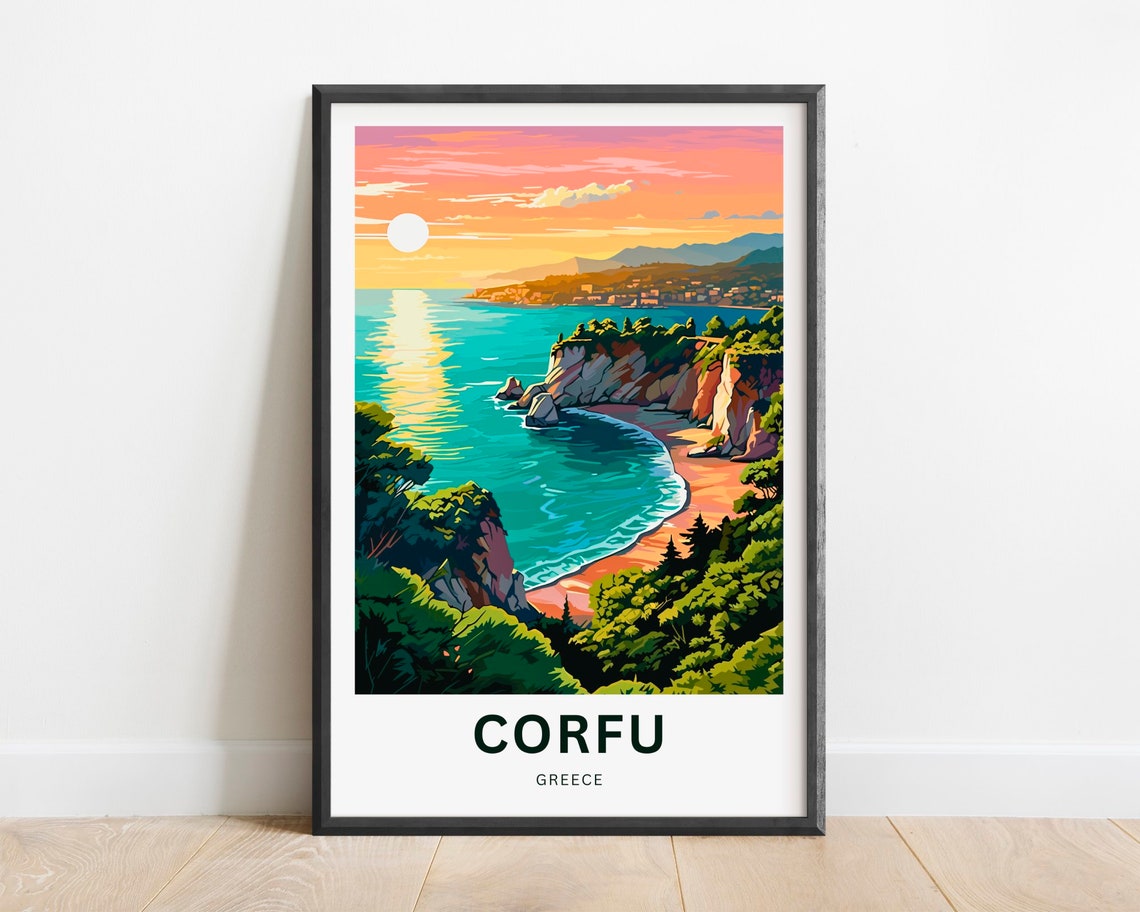 Corfu Greece Golden Sunset Beach Cliffs and Pine Forest Travel Poster