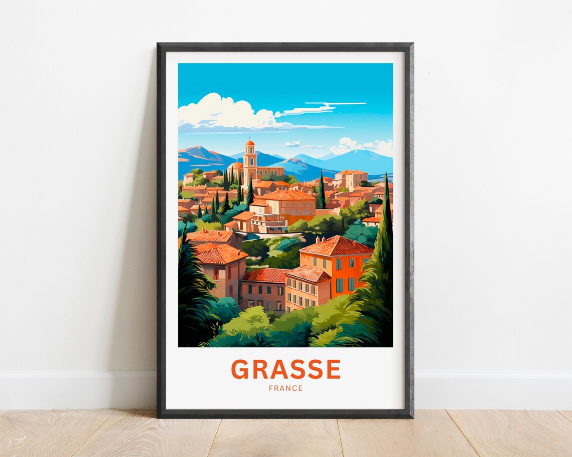 Grasse France Bell Tower Cypress Trees Provence Town Scene Poster