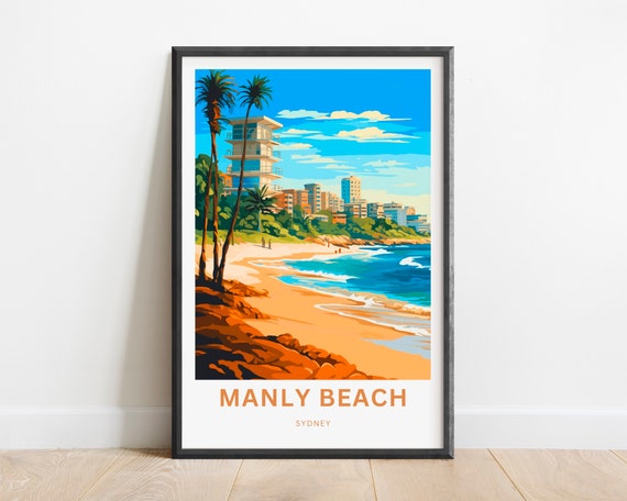 Manly Beach Travel Print Poster Sydney Wall Art Framed Gift Australia Decor Present Customize Your Text