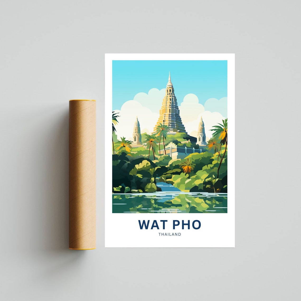 Golden Wat Pho Thailand Temple River Palms Vintage Travel Poster - Image 4