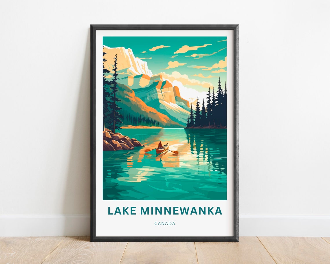 Lake Minnewanka Canada Canoe Turquoise Lake Mountain Travel Poster Art
