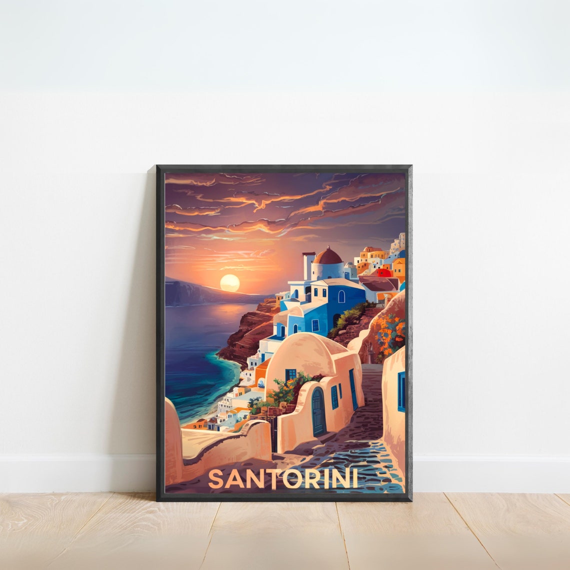 Santorini Greece Sunset over Whitewashed Cliffside Village Poster
