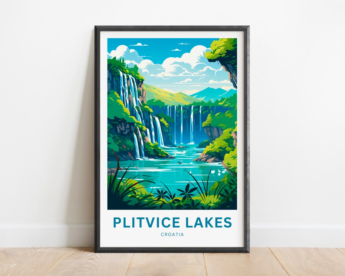 Plitvice Lakes Croatia Waterfall Gorge Emerald Forest Travel Poster