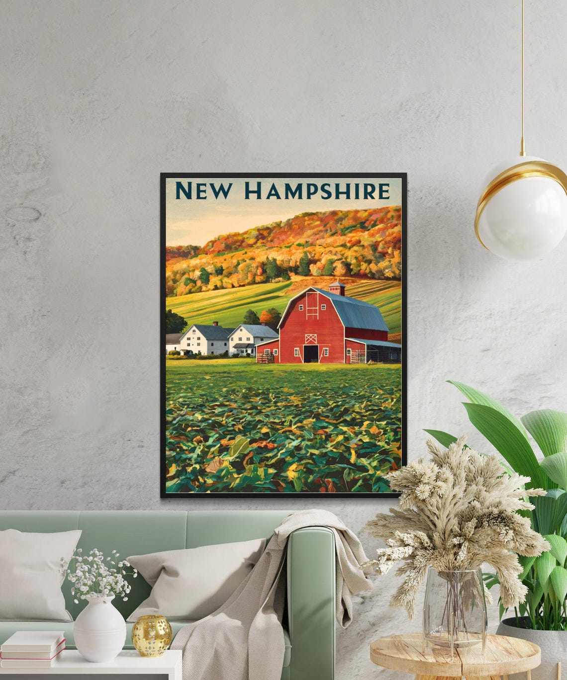 New Hampshire Vintage Red Barn Farm Fall Hillside Scene Travel Poster - Image 2