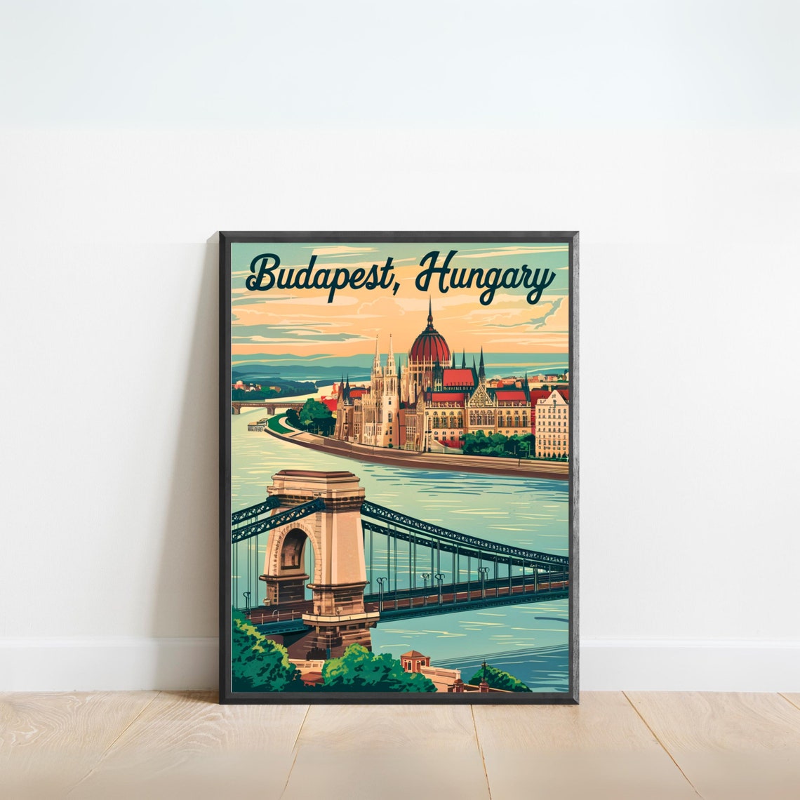 Budapest Hungary Chain Bridge Parliament Vintage Travel Poster