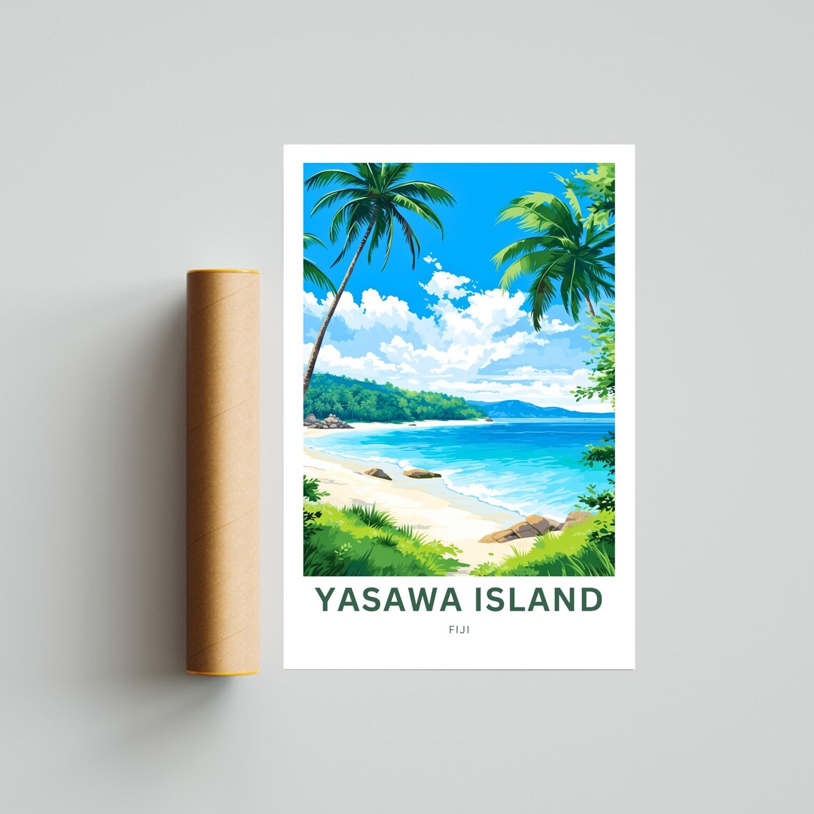 Yasawa Island Fiji Leaning Palms Tropical Surf Beach Scene Poster - Image 4