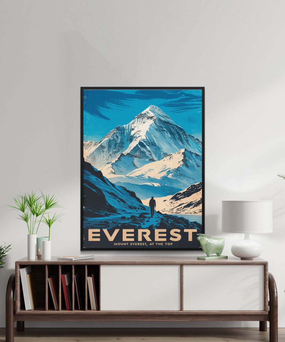 Everest At The Top Climber Rocky Ridge Blue Shadow Vintage Poster - Image 2