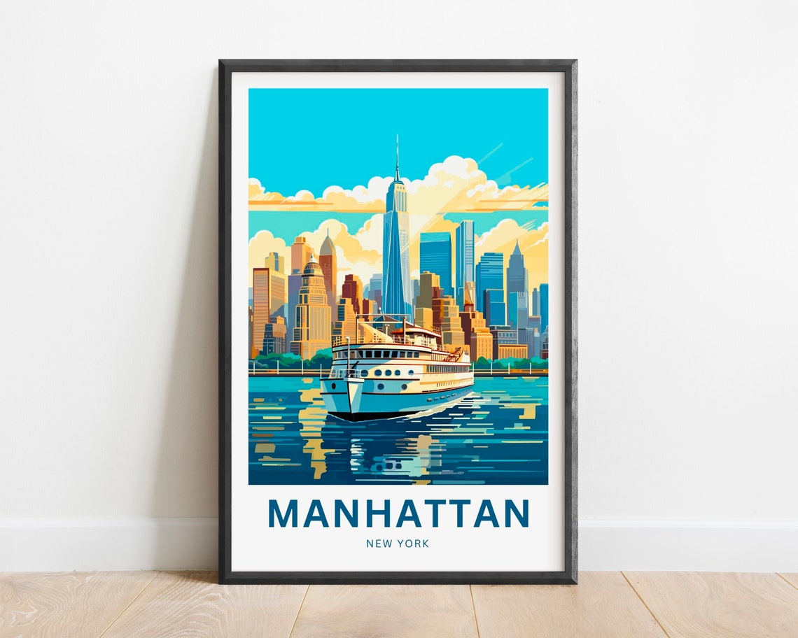 Manhattan New York Ferry and Skyline Harbor Scene Travel Poster