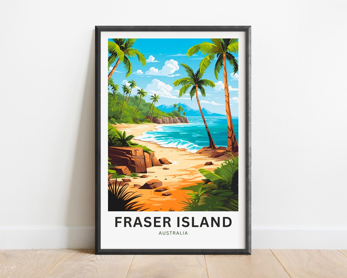 Fraser Island Australia Sandy Beach Palms Surf Travel Poster
