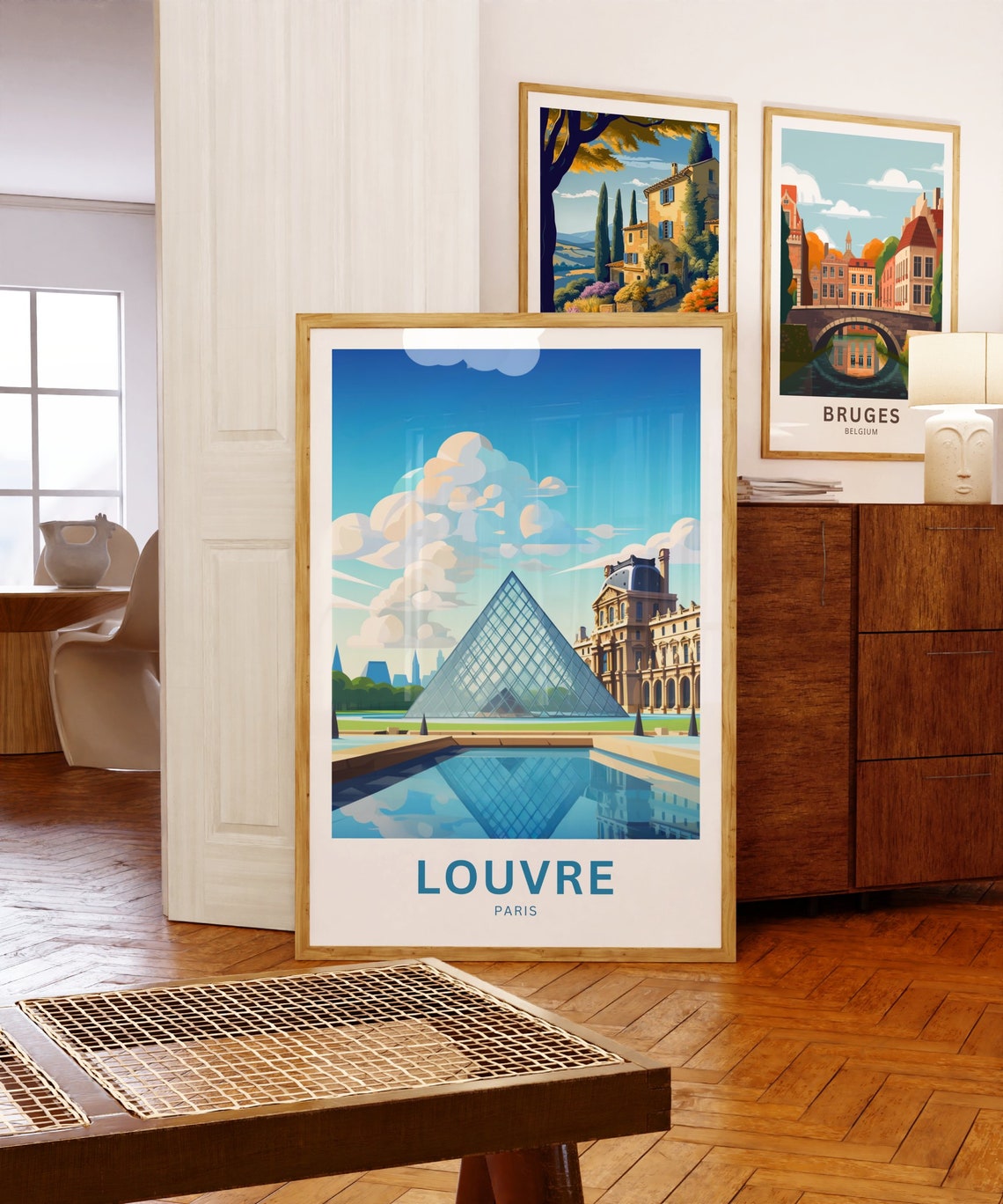 Louvre Paris Pyramid Reflecting Pool Blue Sky Vintage Travel Poster - Image 5