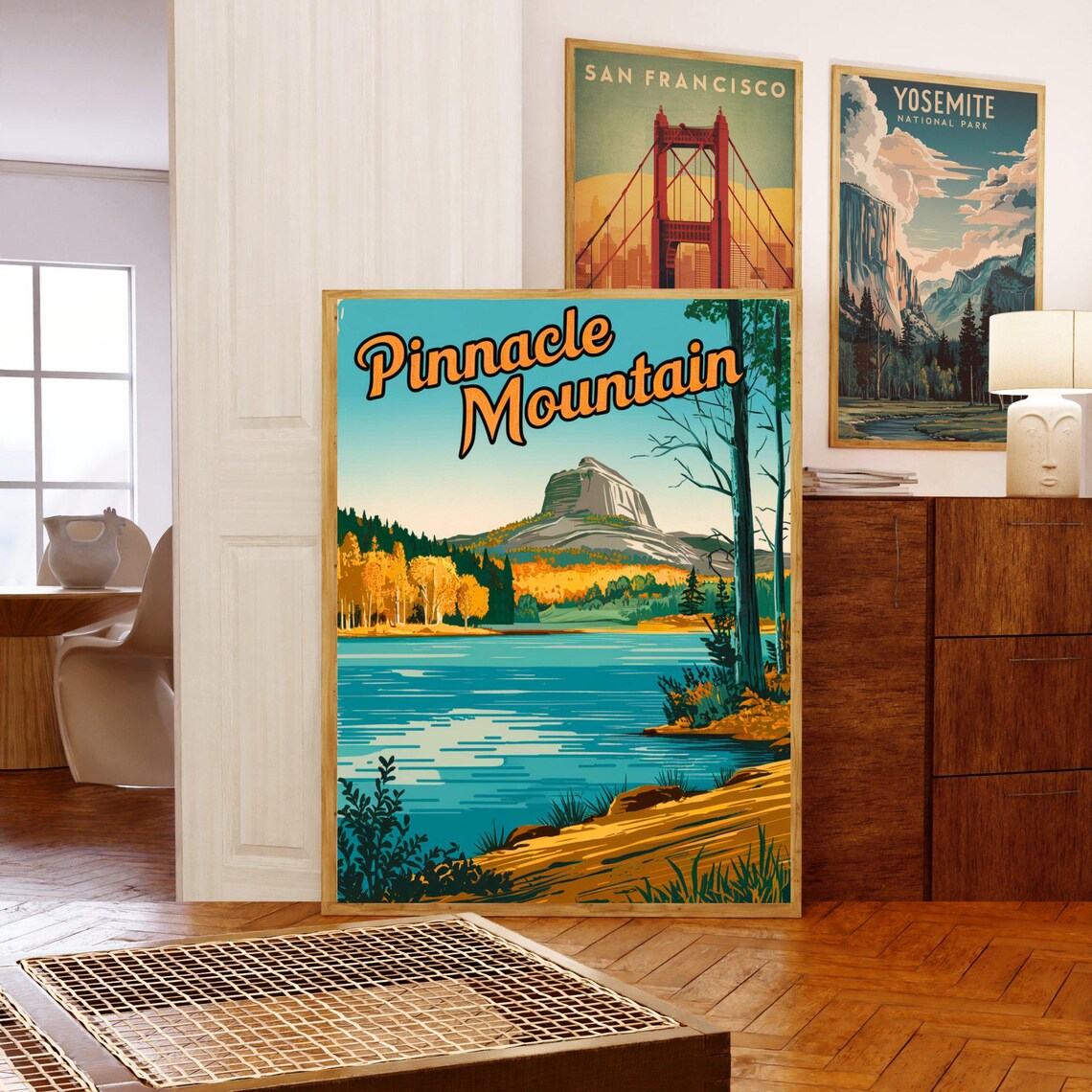 Pinnacle Mountain Autumn Lake Rock Formation Retro Travel Poster - Image 5