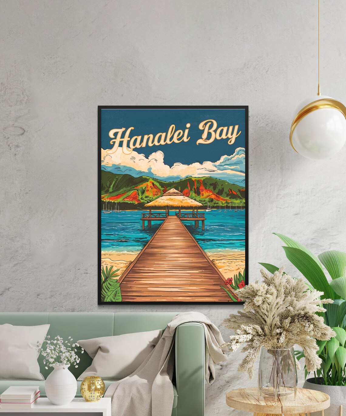 Hanalei Bay Hawaii Pier Sunset Sailboat Vintage Travel Poster - Image 2