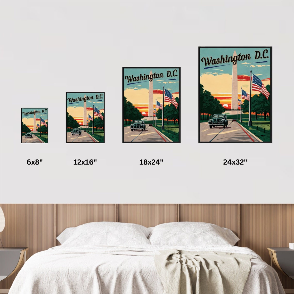 Washington DC Vintage Monument Flags Classic Car Sunset Travel Poster - Image 4