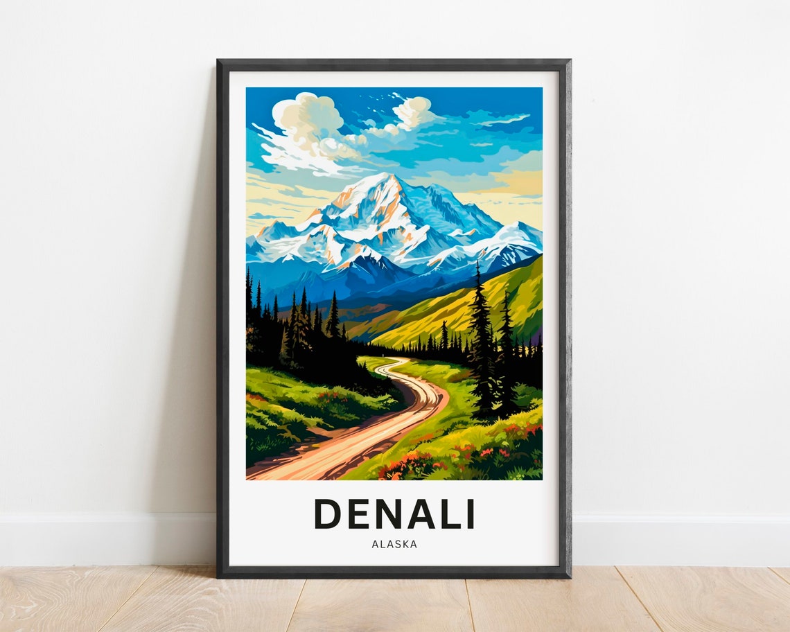 Denali Alaska Majestic Snowy Peak Road Vintage Travel Poster Gift