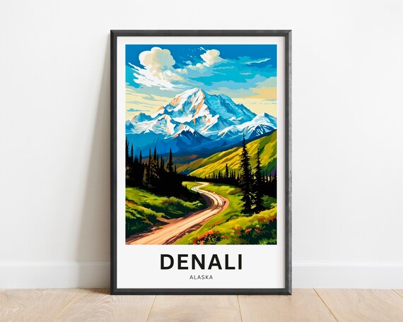 Denali Alaska Majestic Snowy Peak Road Vintage Travel Poster Gift