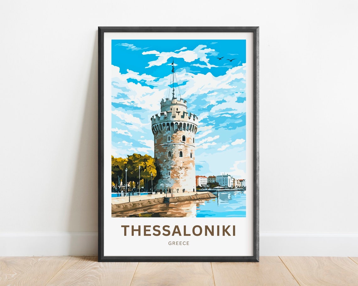 Thessaloniki Greece White Tower Waterfront Vintage Travel Poster