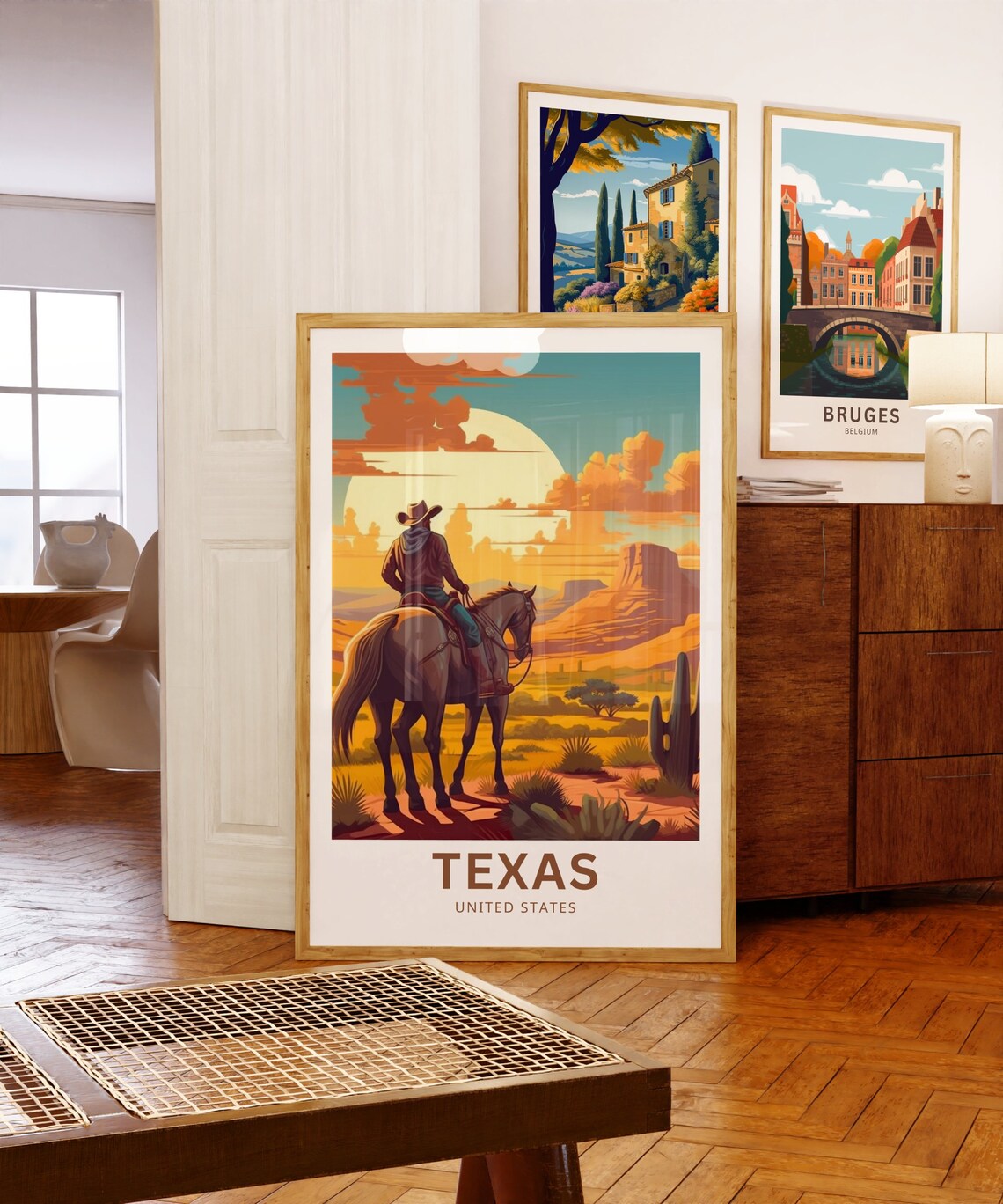 Texas Cowboy Horseback Sunset Desert Illustrated Travel Poster - Image 5