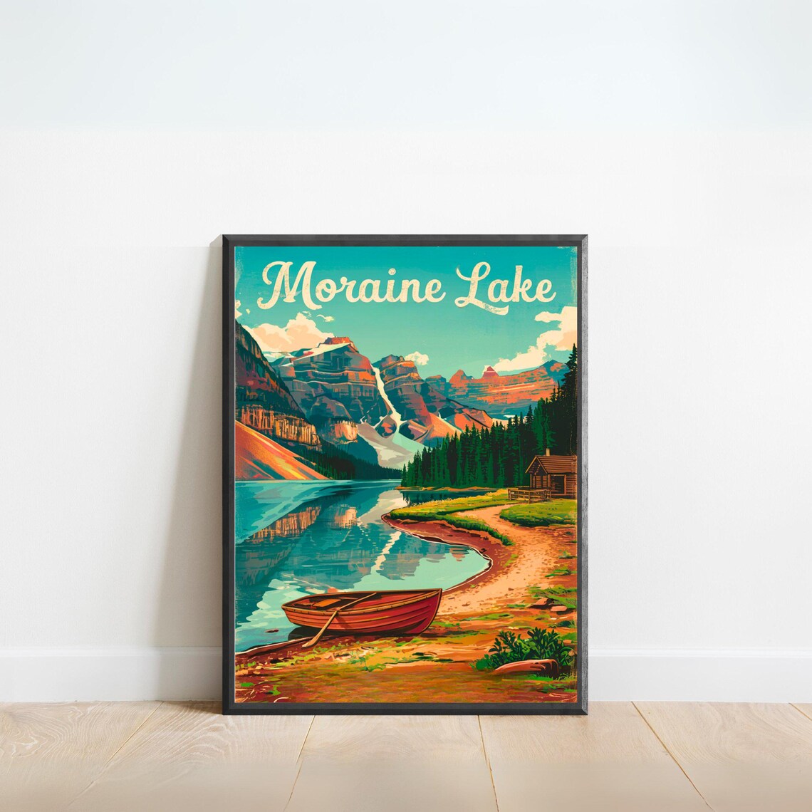 Moraine Lake Vintage Red Canoe Alpine Lake Travel Art Poster