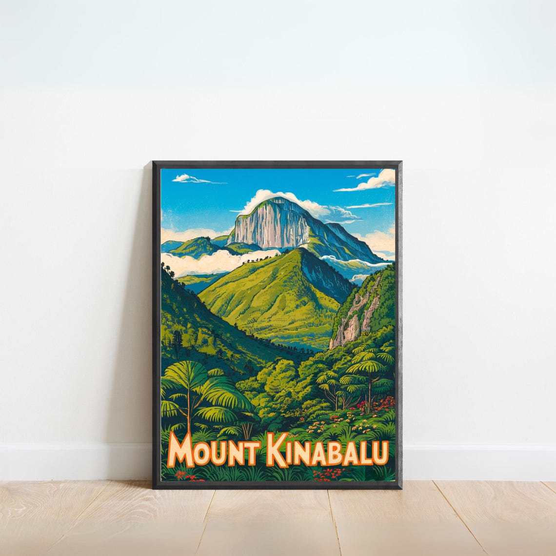 Mount Kinabalu Malaysia Jungle Cliffs Dramatic Retro Travel Poster