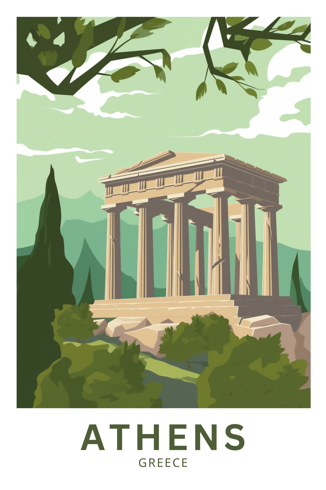 Athens Greece Ancient Temple Cypress Green Travel Art Poster - Image 3