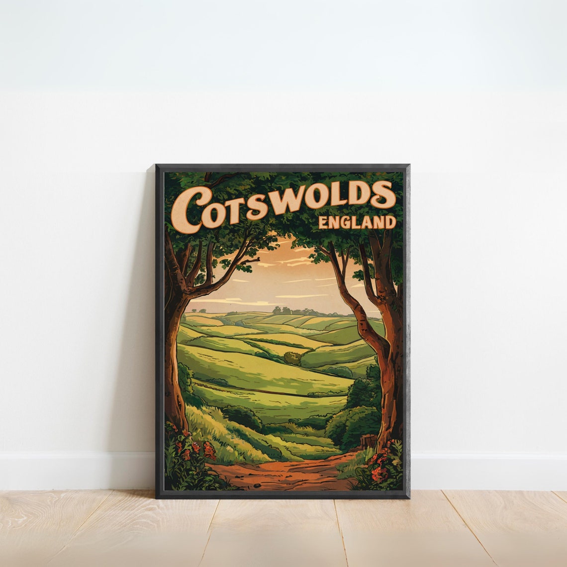 Cotswolds England Rolling Hills Tree Arch Vintage Travel Poster