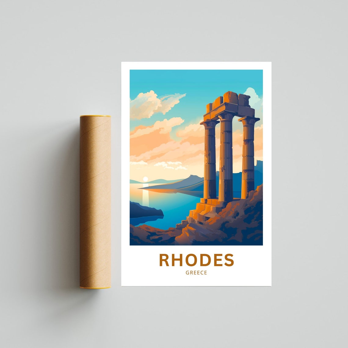 Rhodes Greece Ancient Stone Columns Sunset Coast Travel Poster - Image 3