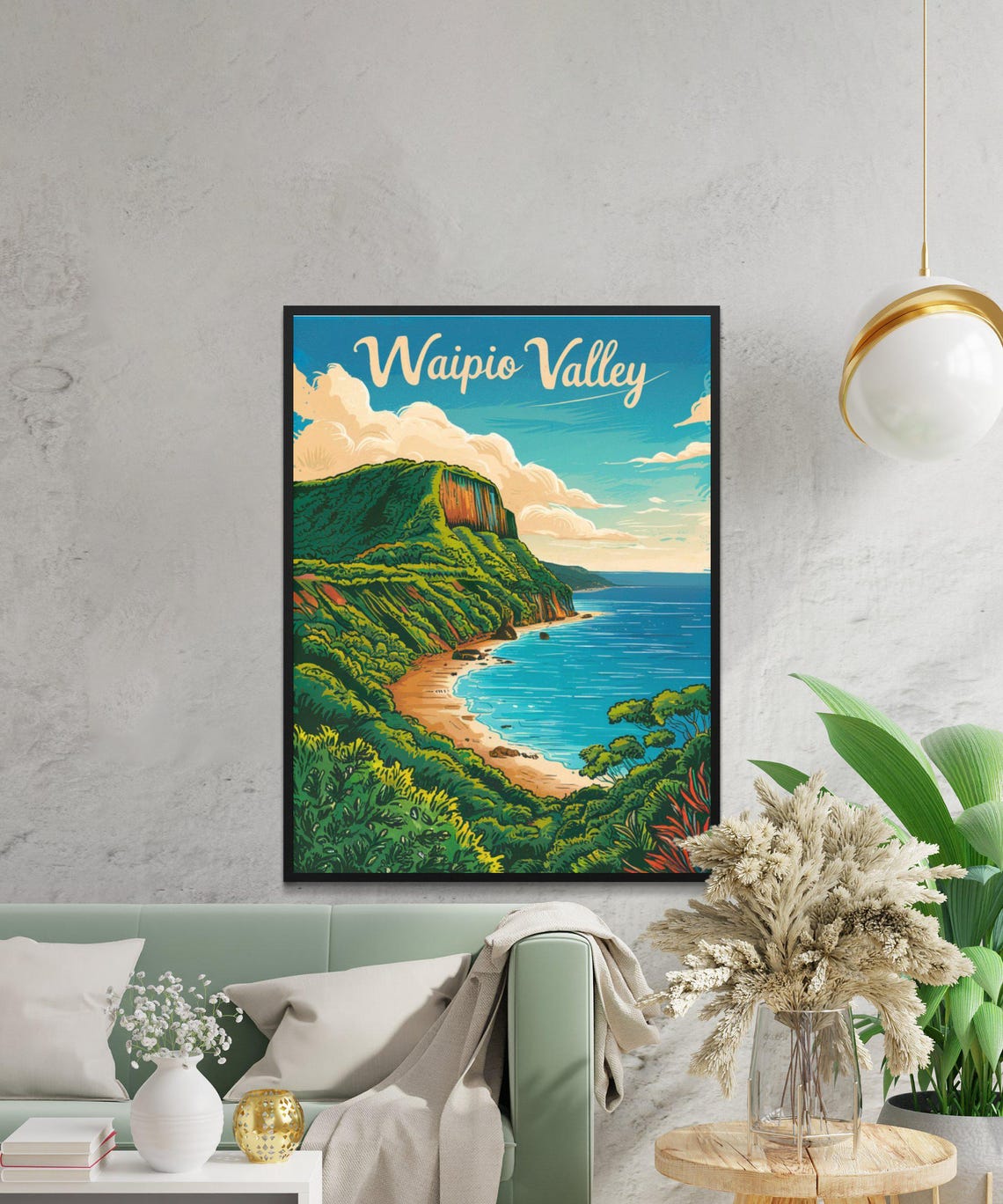 Waipio Valley Vintage Script Green Cliffs Beach Hawaii Travel Poster - Image 2