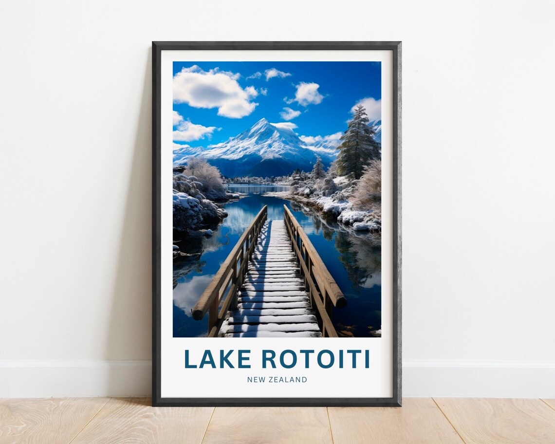 Lake Rotoiti New Zealand Snowy Mountain Lake Jetty Travel Poster