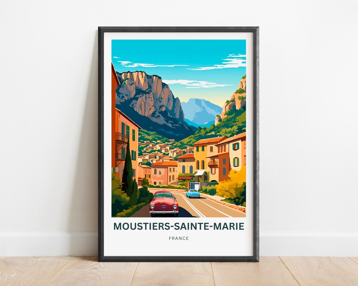 Moustiers-Sainte-Marie France Village Road Vintage Cars Travel Poster