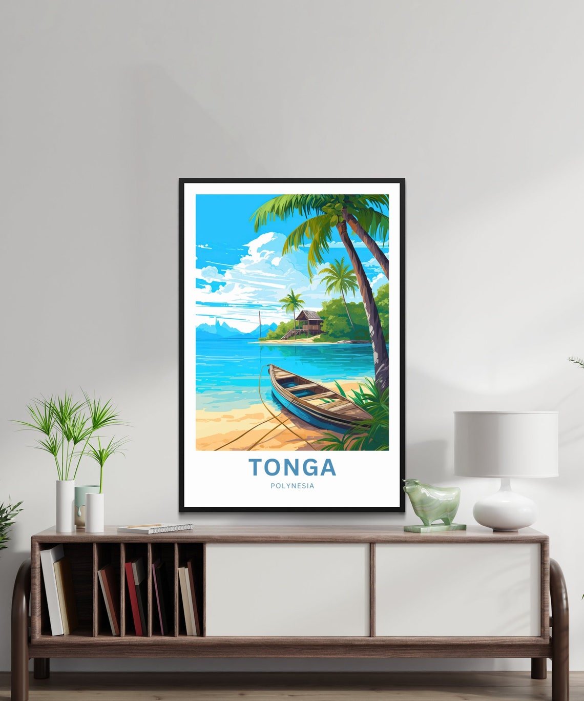 Tonga Polynesia Tropical Beach Canoe Palm Island Travel Poster - Image 3