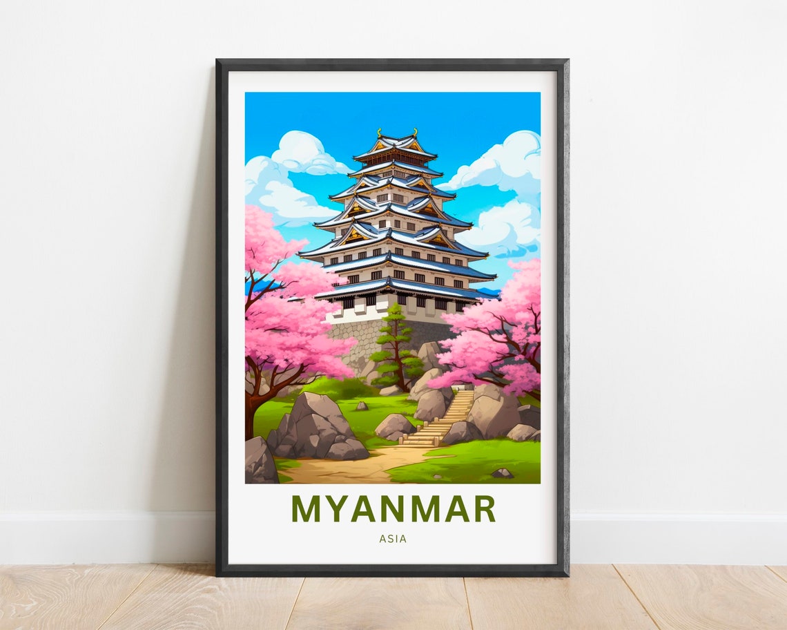 Myanmar Asia Pagoda Tower Cherry Blossom Spring Travel Poster