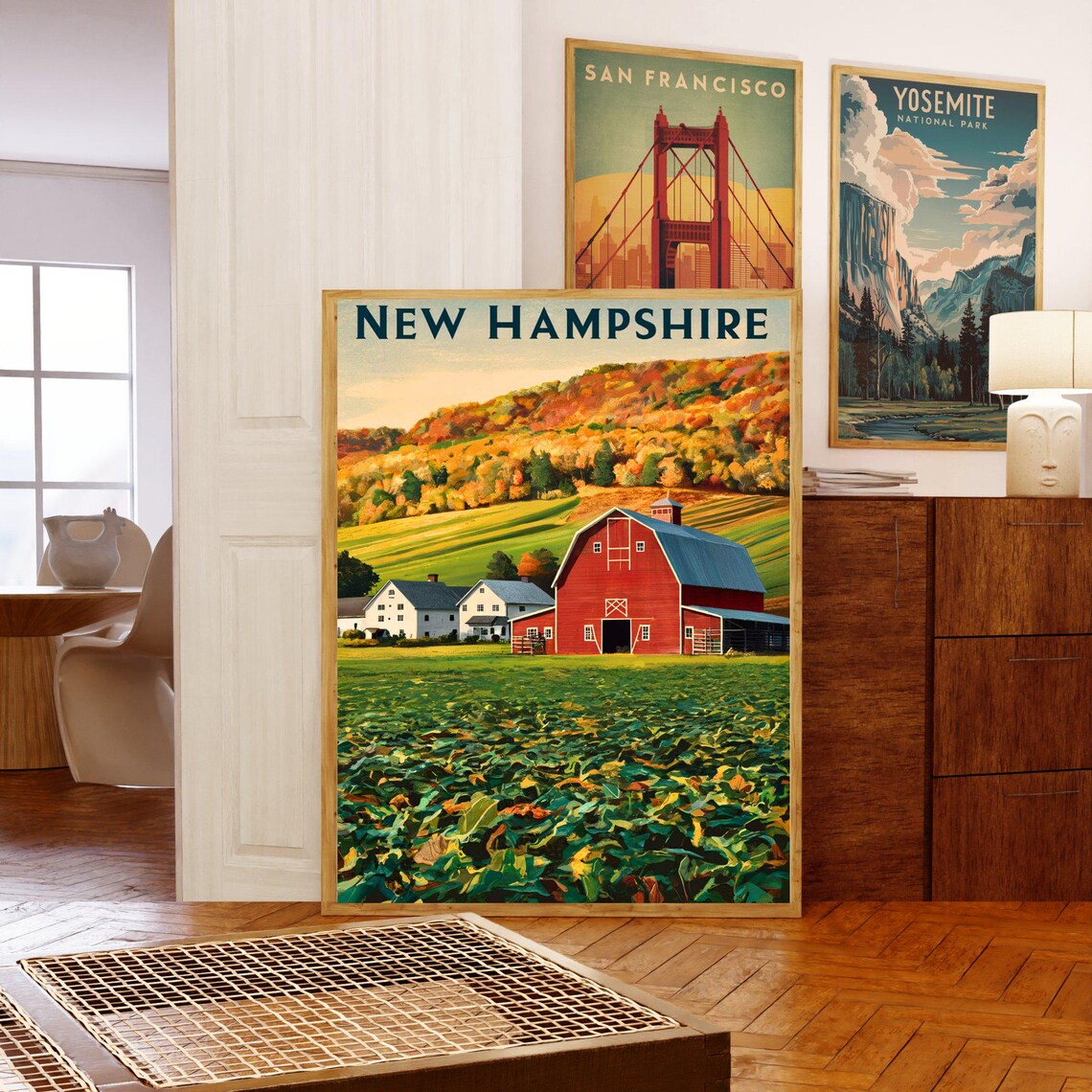 New Hampshire Vintage Red Barn Farm Fall Hillside Scene Travel Poster - Image 5