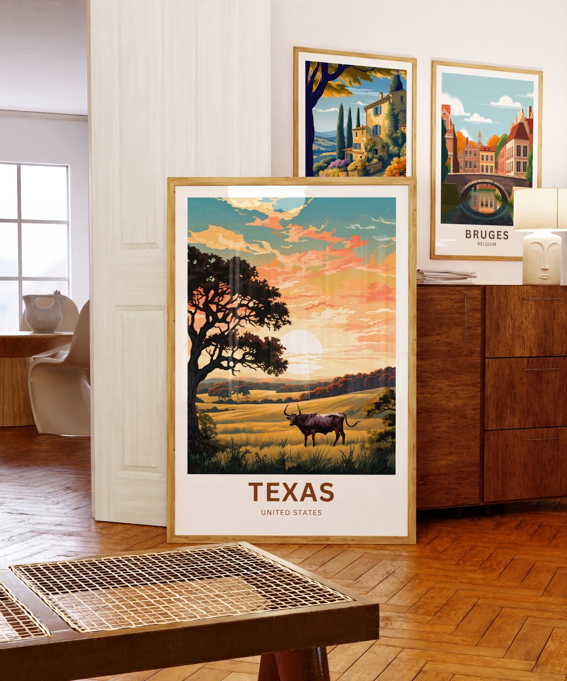 Texas Longhorn Golden Field Sunset Vintage Western Travel Poster - Image 5