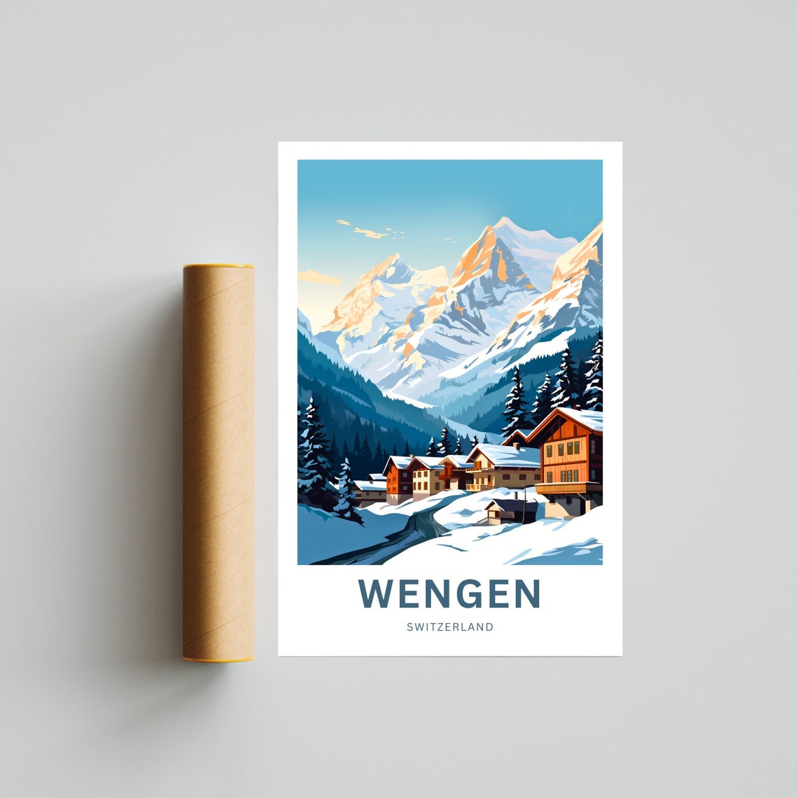 Wengen Switzerland Snowy Alpine Village Mountain Travel Poster - Image 4