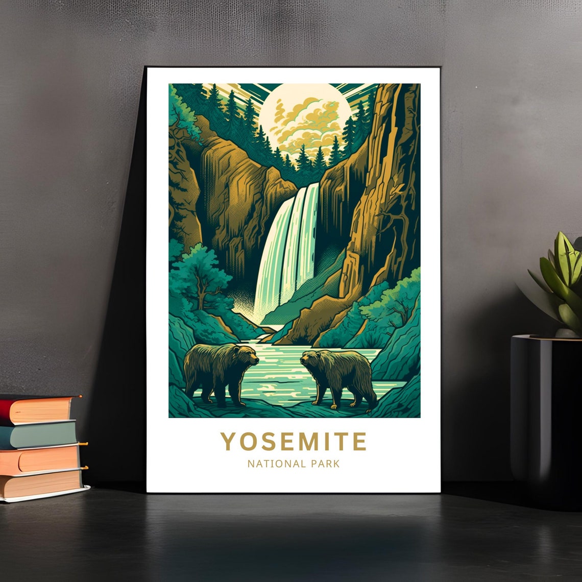 Yosemite National Park Waterfall Bears Golden Canyon Travel Poster - Image 4