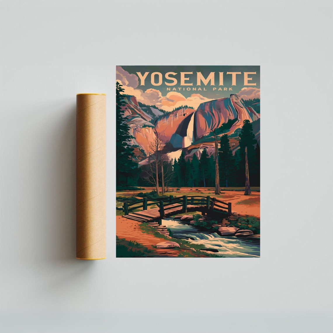 Yosemite National Park Retro Poster with Waterfall Bridge and Sunset - Image 3